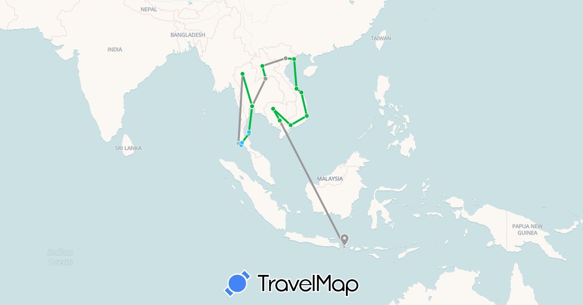 TravelMap itinerary: driving, bus, plane, boat in Indonesia, Cambodia, Laos, Thailand, Vietnam (Asia)